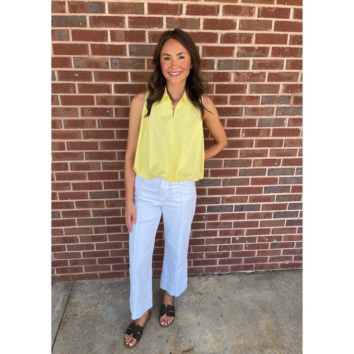 Bubble Hem Sleeveless Blouse – Butter Yellow Collared Flowy Top 9649