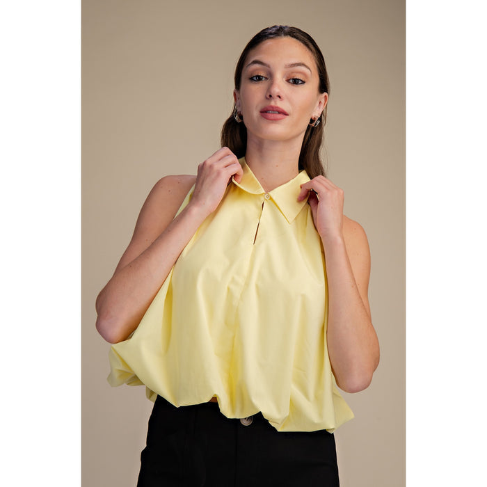 Bubble Hem Sleeveless Blouse – Butter Yellow Collared Flowy Top 9649