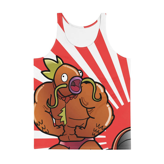 A surreal deep persimmon carp transforms into a hulking bodybuilder in this high-energy, bold cartoon illustration (think weak aquatic monster turned gym rat). Contact us with accessibility feedback, we'd love to help!