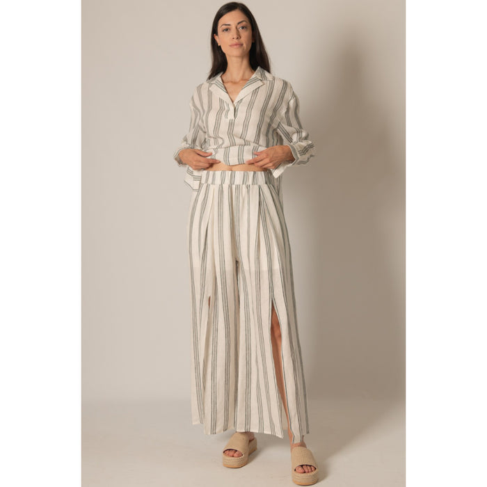 BYC - Striped, Linen, Wide Leg Pants w Front Slits 0141 - Ivory/Black