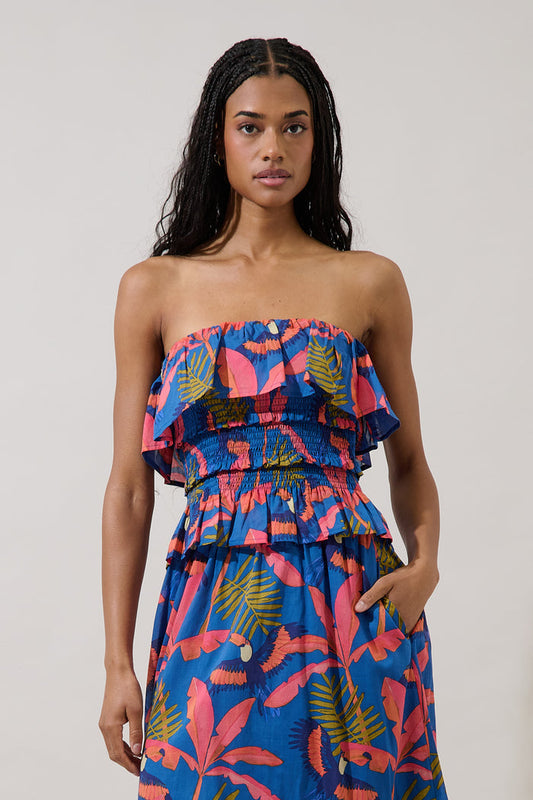 Camile Strapless Smocked Top Tropical