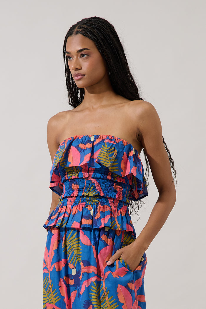 Camile Strapless Smocked Top Tropical