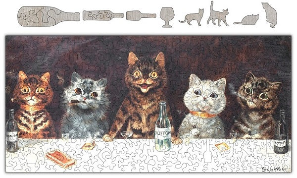 Cats Know How To Party 325 piece wooden whimsical jigsaw puzzle, made in USA
