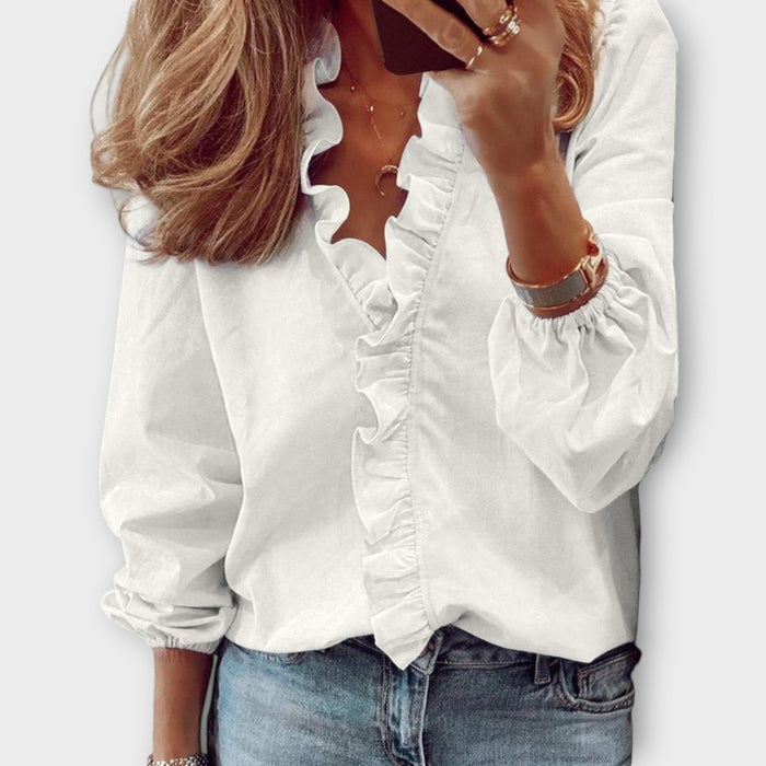 Celeste | Women's Ruffle Front V-Neck Long Sleeve Blouse