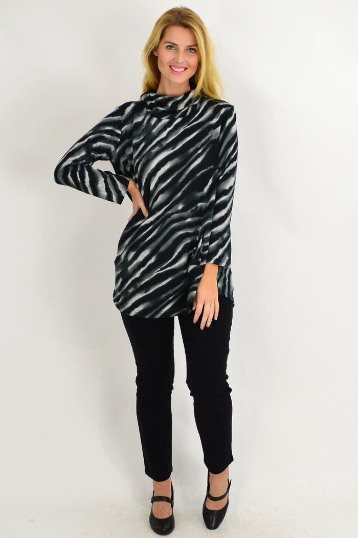 Grey-striped charcoal rolled neck zebra tunic top by Willow Tree, featuring a relaxed fit and stylish pattern.
