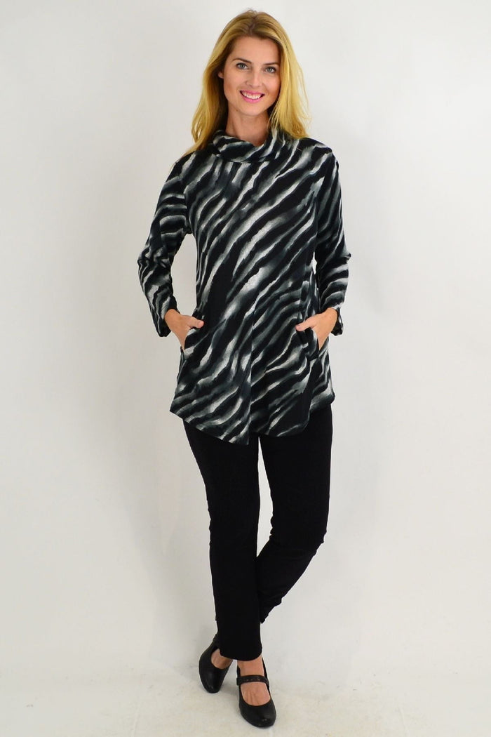 Charcoal rolled neck zebra print tunic top by Willow Tree featuring grey and black stripes, long sleeves and a relaxed fit.