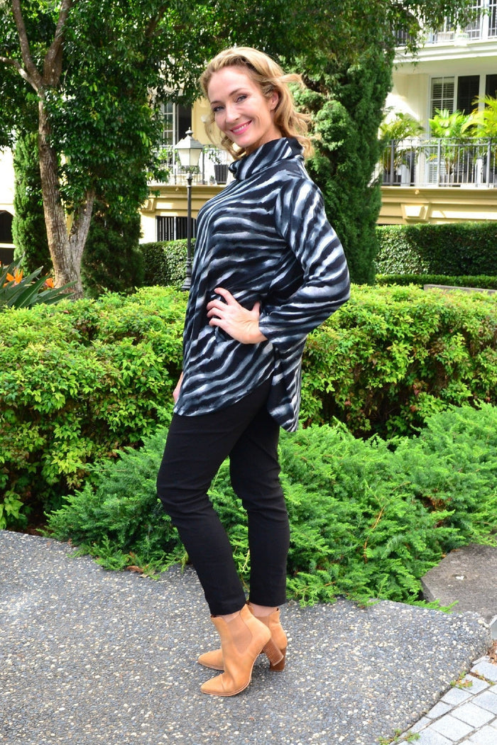 Charcoal zebra print rolled neck tunic top by Willow Tree, featuring a relaxed fit and stylish design for casual wear.