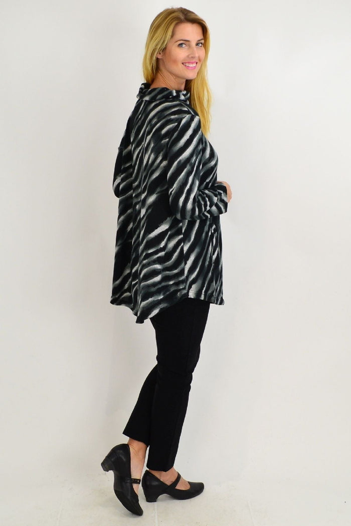 Grey-striped charcoal zebra print tunic top by Willow Tree, featuring a rolled neck and relaxed fit for casual style.