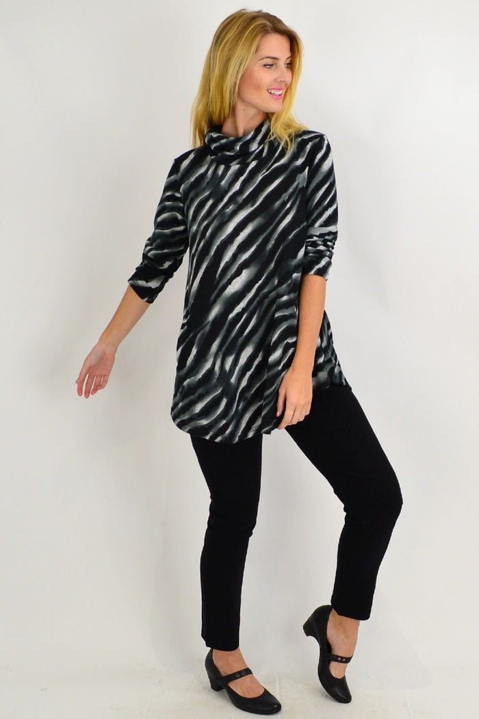 Grey striped charcoal zebra tunic top by Willow Tree, featuring a rolled neck and relaxed fit, ideal for casual wear.