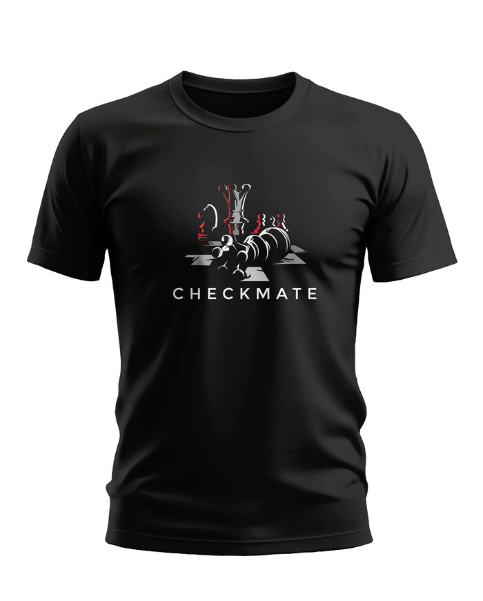 Black men's t-shirt with chess checkmate graphic and bold CHECKMATE text, casual fashion