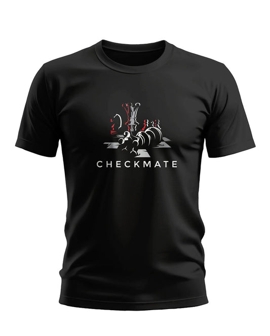 Black men's t-shirt with chess checkmate graphic and bold CHECKMATE text, casual fashion