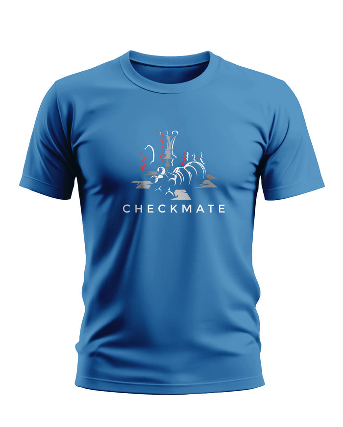 Blue men's T-shirt with chess graphic and 'CHECKMATE' text, casual fashion style
