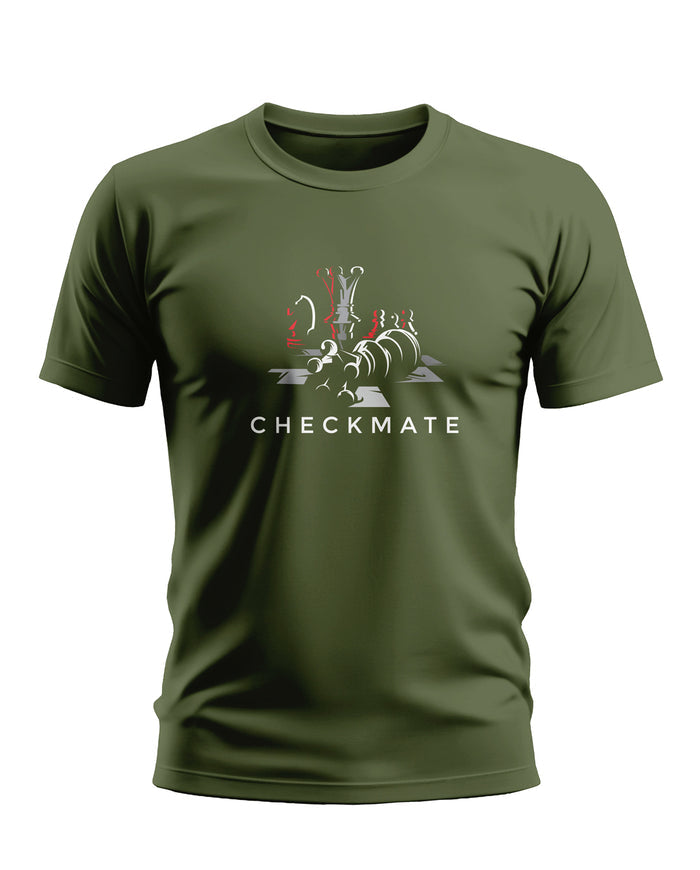 Olive green men's t-shirt with chess checkmate graphic and text on front
