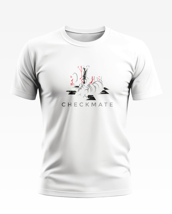 White men's t-shirt with chessboard and checkmate graphic design, casual fashion