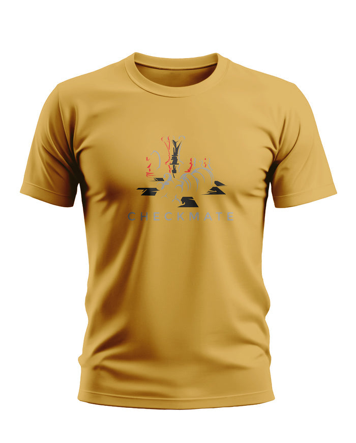 Yellow men's T-shirt with chess-themed 'Checkmate' graphic on chest