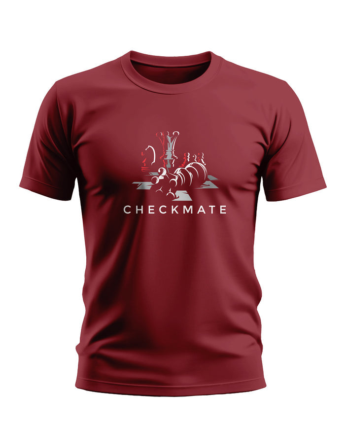 Maroon men's t-shirt with chess pieces and 'CHECKMATE' graphic on the front