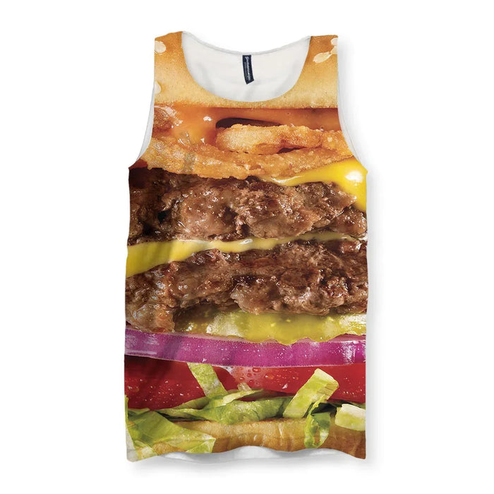 A hyper-realistic trompe l'oeil graphic transforms the torso into a towering, deluxe cheeseburger. Contact us with accessibility feedback, we'd love to help!