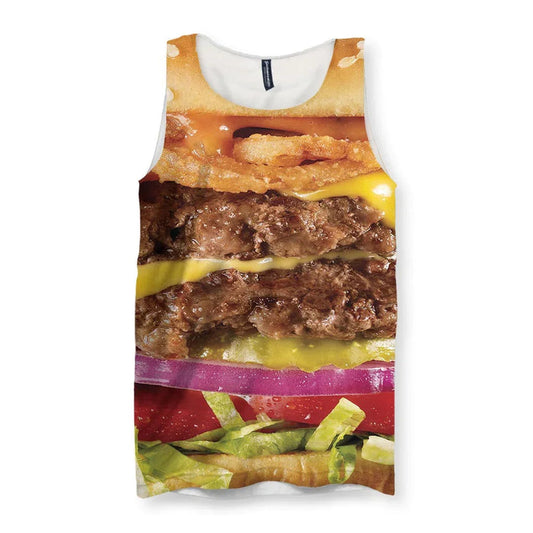A hyper-realistic trompe l'oeil graphic transforms the torso into a towering, deluxe cheeseburger. Contact us with accessibility feedback, we'd love to help!