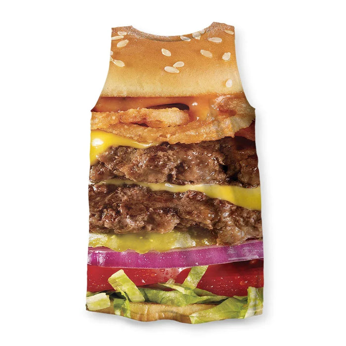 Cheeseburger Men's Tank - The vertical trompe l'oeil stack turning the torso into a deluxe patty, specifically the glistening #FFC400 cheddar drip against the charbroiled #6B4F44 beef texture.