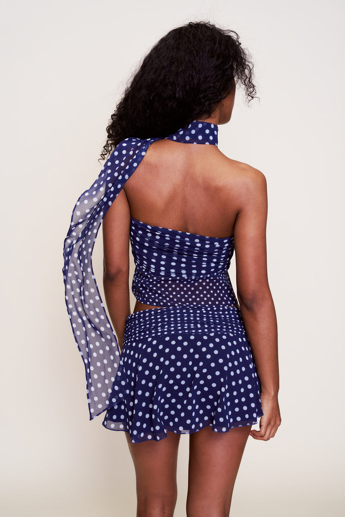 Chiffon Slit Mini Skirt in Navy Polka Dot