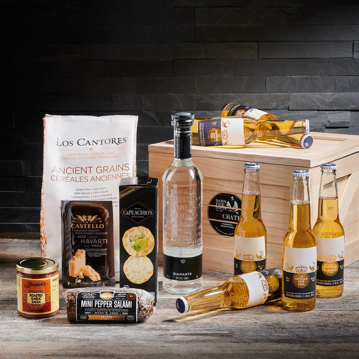 Cinco De Mayo Feast BroCrate, beer gift baskets, beer gift crates, beer gift sets, liquor gift baskets, liquor gift sets, gourmet gift baskets, gourmet gift sets, cheese, liquor, crackers, beer, salami, salsa