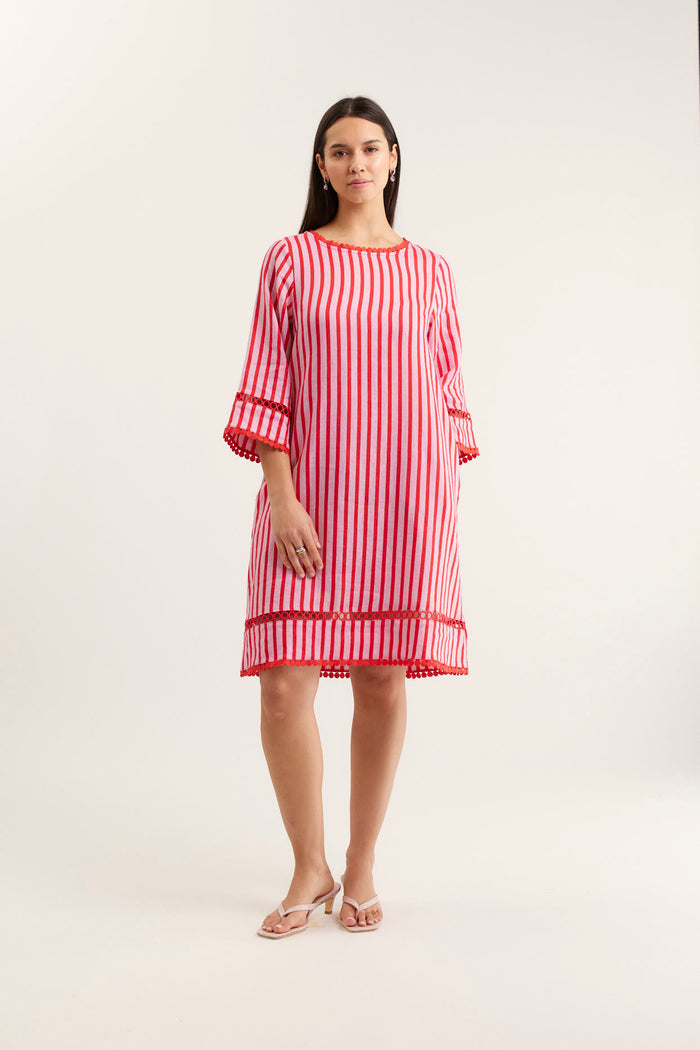 Claire Breton Linen Dress In Pink/Red