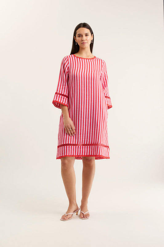 Claire Breton Linen Dress In Pink/Red