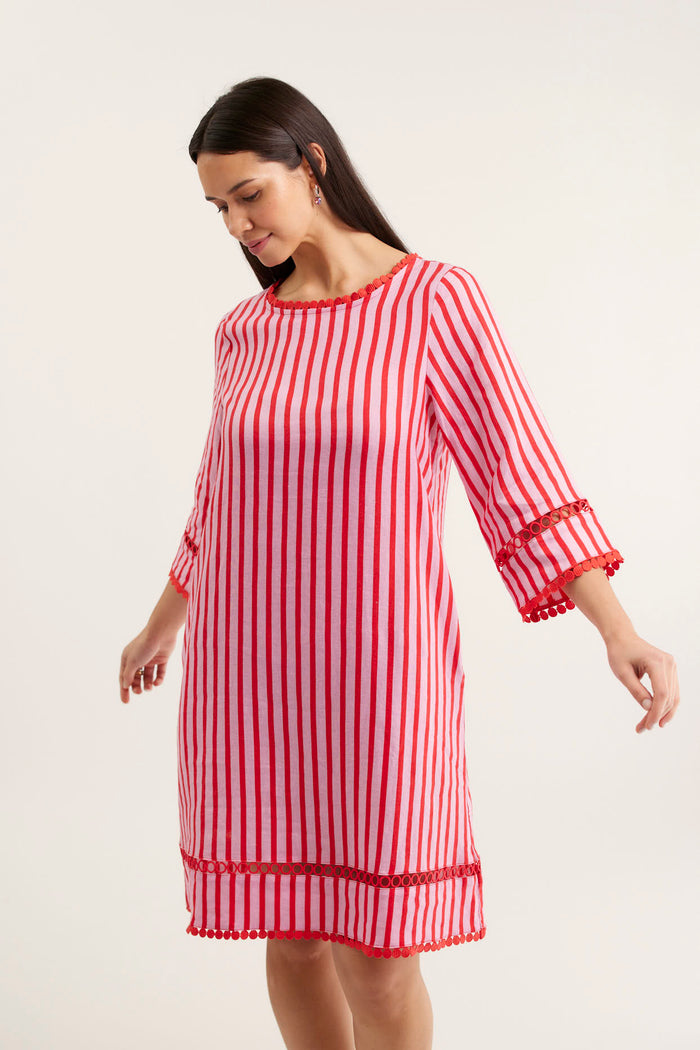 Claire Breton Linen Dress In Pink/Red