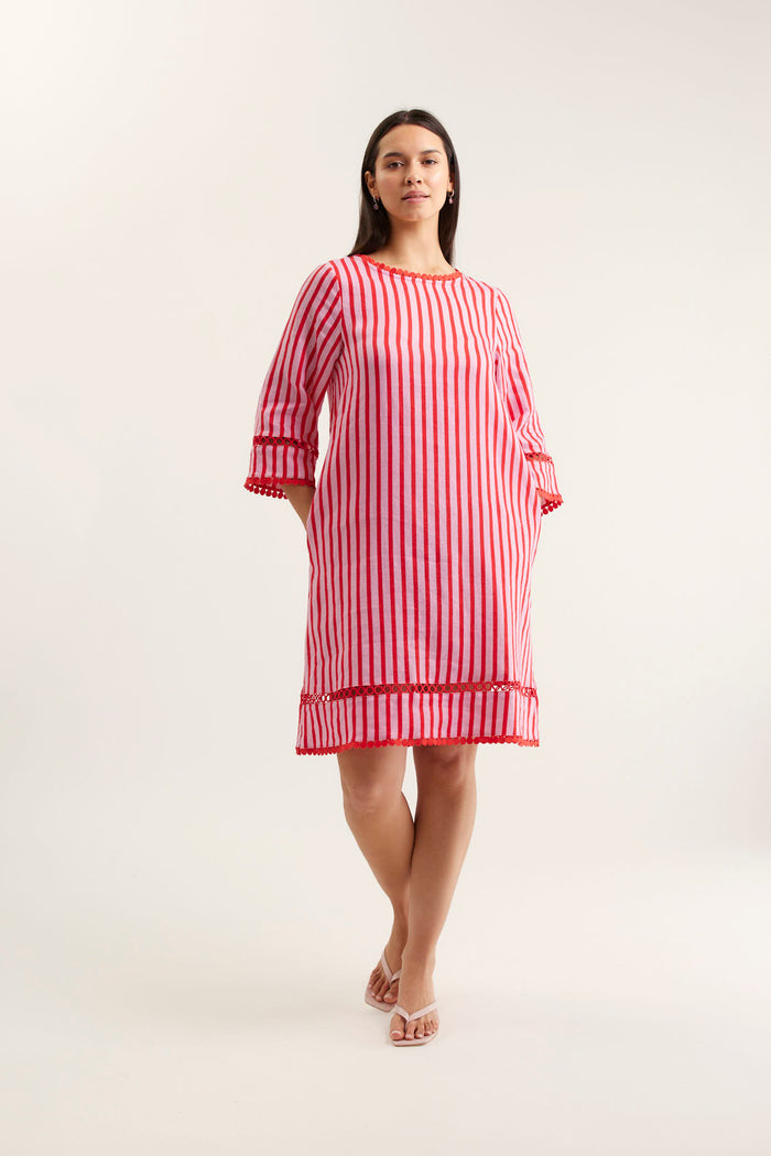 Claire Breton Linen Dress In Pink/Red