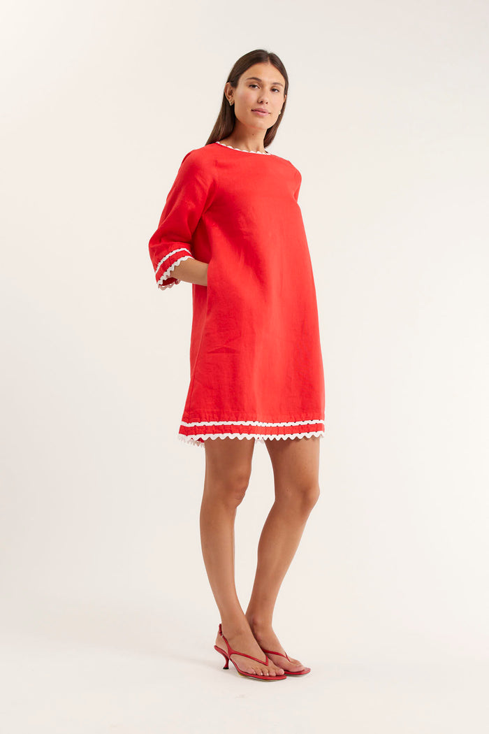 Claire Linen Dress In Red/White