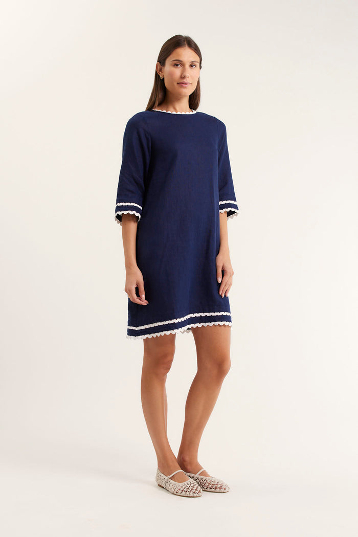 Claire Linen Dress Navy/White