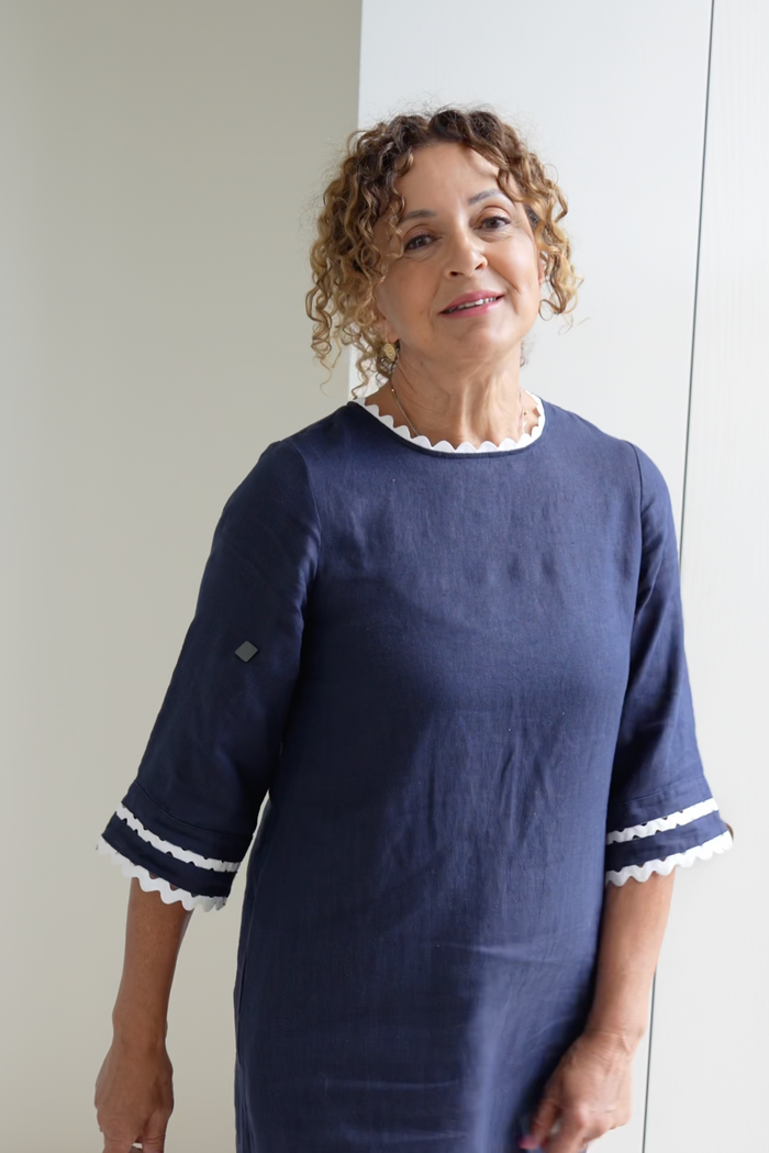 Claire Linen Dress Navy/White