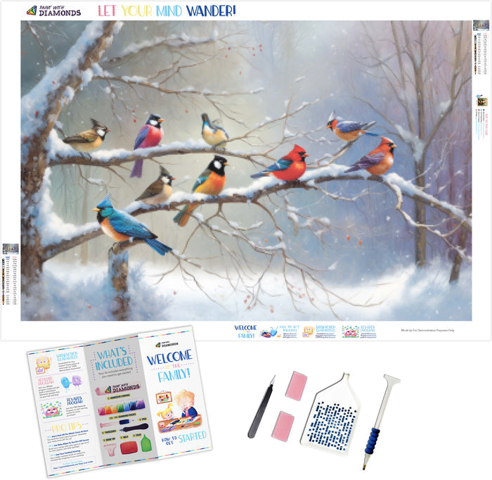 Colorful Birds On A Snow-Covered Tree