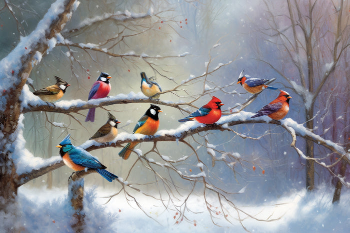 Colorful Birds On A Snow-Covered Tree
