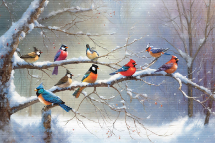 Colorful Birds On A Snow-Covered Tree