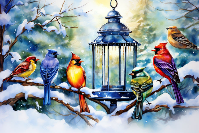 Colorful Winter Birds Feeding