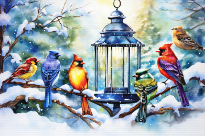 Colorful Winter Birds Feeding
