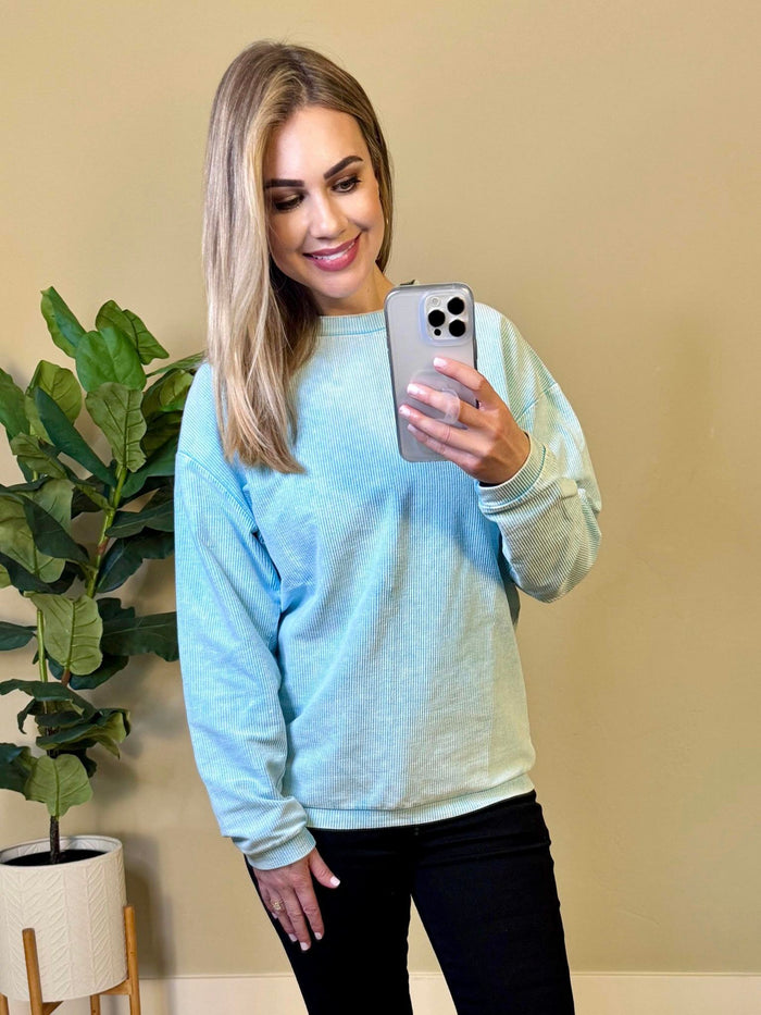 Corrine Ribbed Pullover Top - Dusty Blue