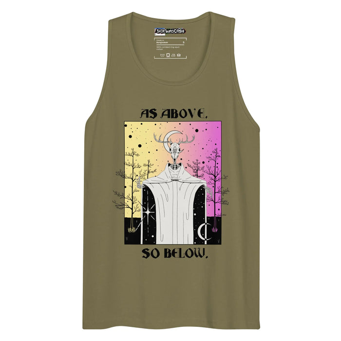 Cosmos Men's Tank - The skeletal stag figure housing a cosmic portal (#000000) framed by the iconic "AS ABOVE, SO BELOW" gothic lettering against the soft sulphur yellow (#FCE883) to orchid pink (#DDA0DD) gradient
