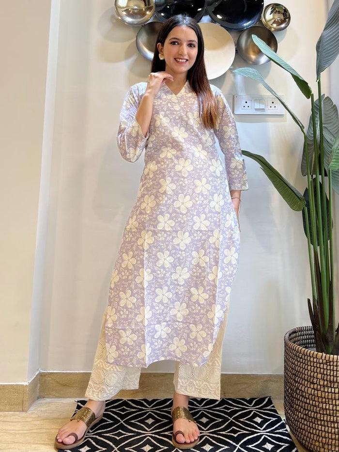 Cotton V-Neck Kurta- Lavender Floral