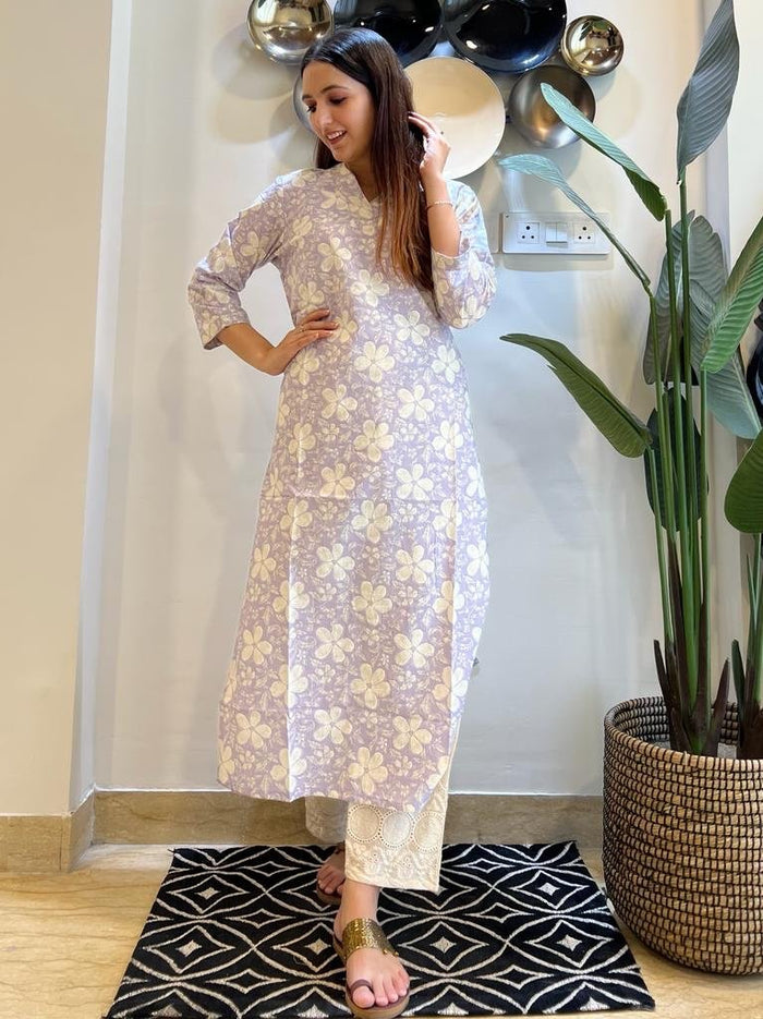 Cotton V-Neck Kurta- Lavender Floral