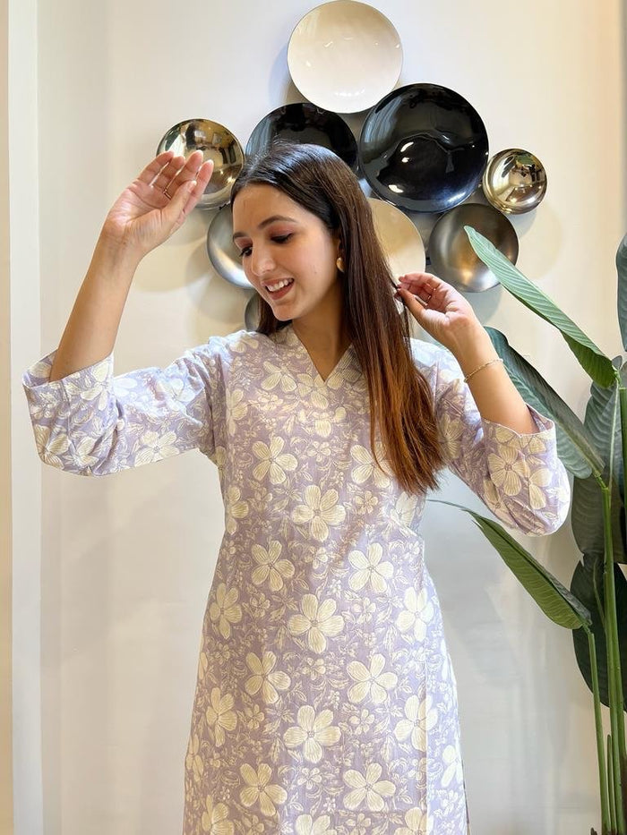 Cotton V-Neck Kurta- Lavender Floral