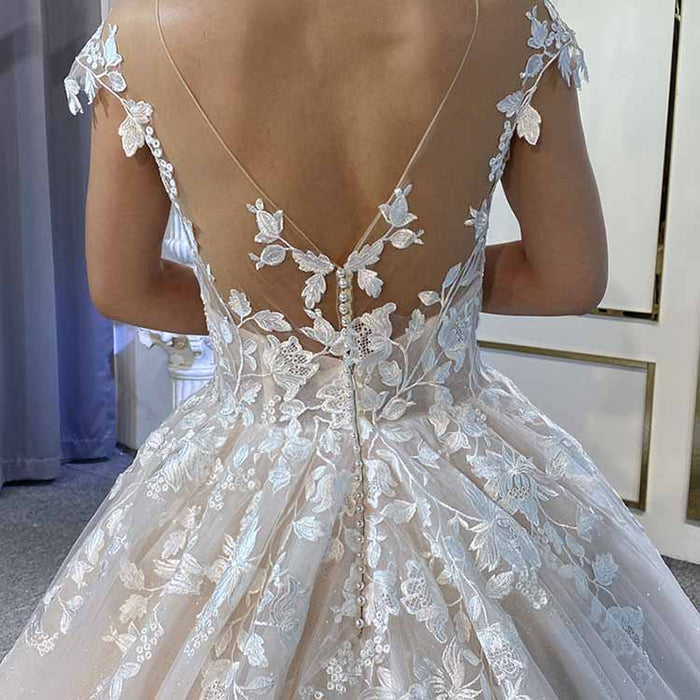 Court Train A-Line Princess Scoop Neck Covered  Court Train With Appliqued