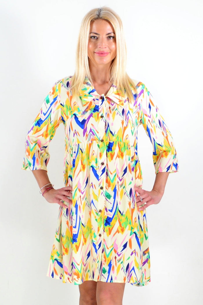 Cream paint splash collared tunic shirt by Hourglass, featuring a stylish design with a relaxed fit and button front.