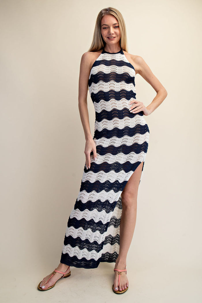 Crochet Halter Side Slit Maxi Dress - SALE