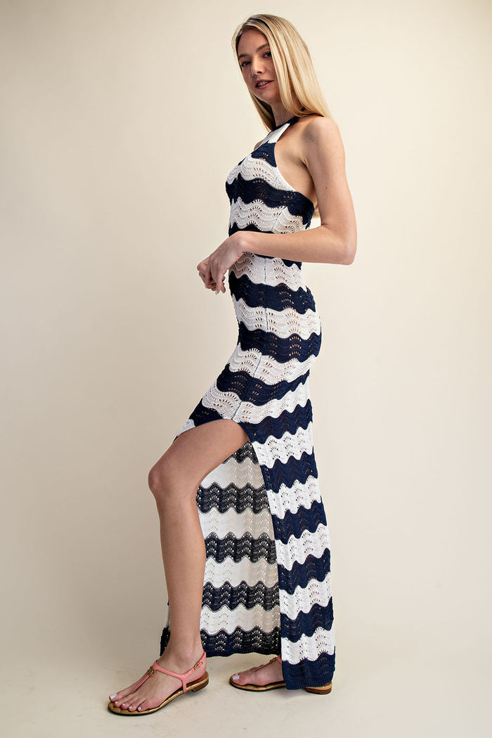 Crochet Halter Side Slit Maxi Dress - SALE