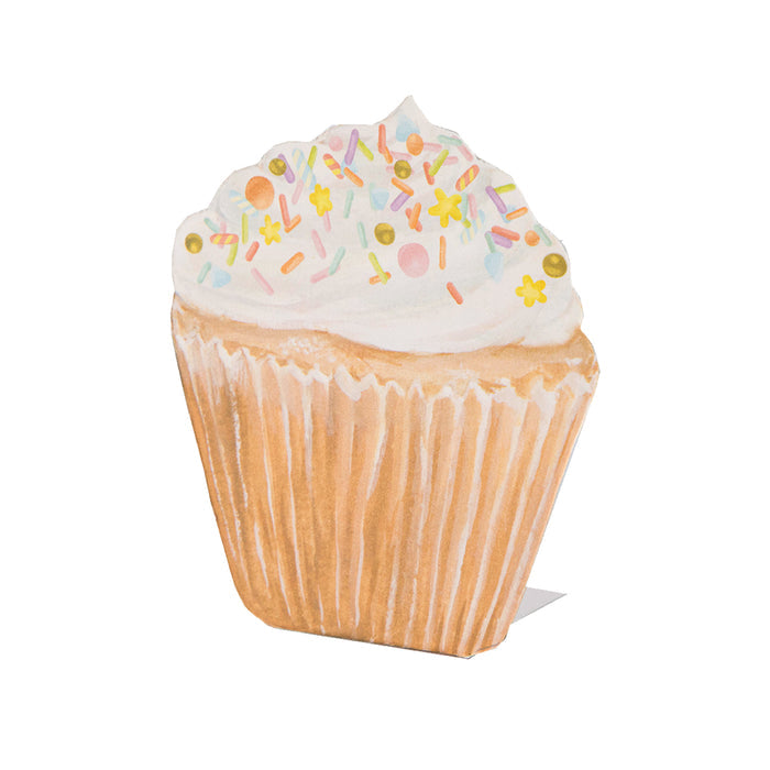 A life-sized Hester & Cook Cupcake Place Card with sprinkles on a white background.