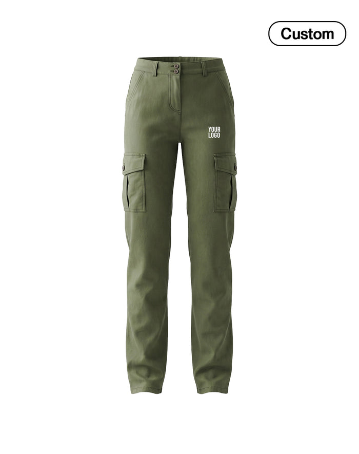 Olive green cargo pants with side flap pockets and a small white 'YOUR LOGO' text print on the right thigh, shown on a plain white background with a 'Custom' label in the top right corner.