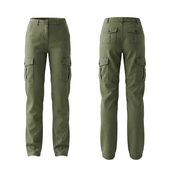 Olive green cargo pants shown from both the front and back views on a plain white background.