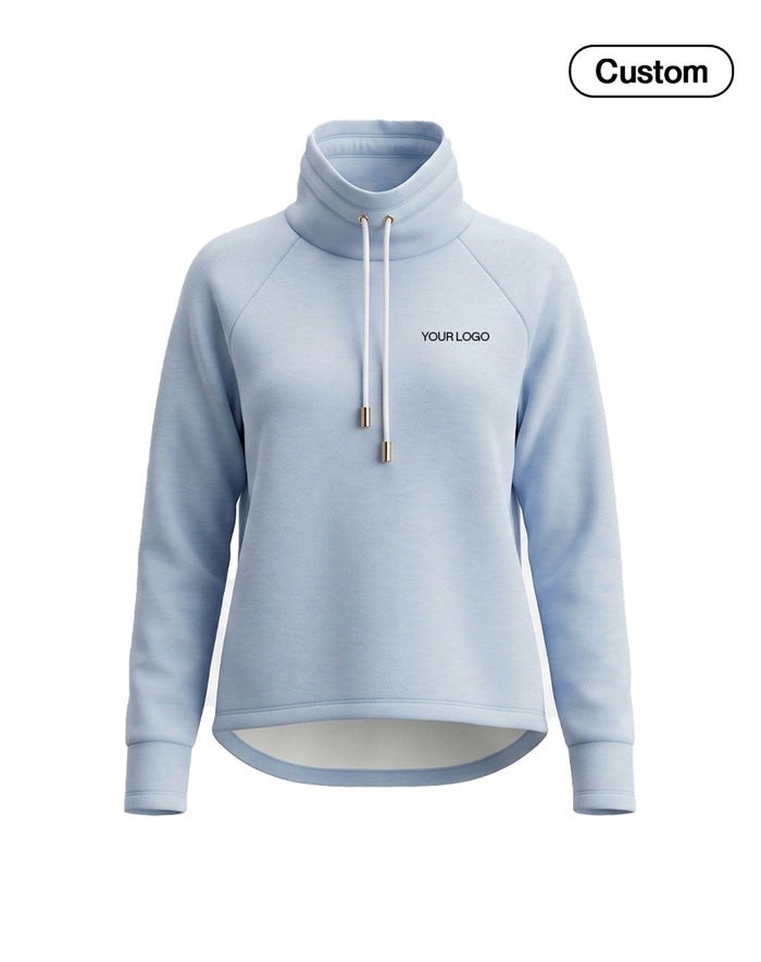A light blue mock neck sweatshirt with white drawstrings and a black 'YOUR LOGO' print on the chest, shown on a plain white background with a 'Custom' label in the top right corner.